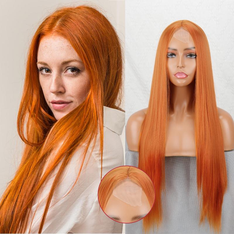 MISS WIG Длинный прямой парик без челки Золотисто-белый цвет Парик фронта шнурка Синтетическое волокно Повседневная одежда Длинный прямой парик