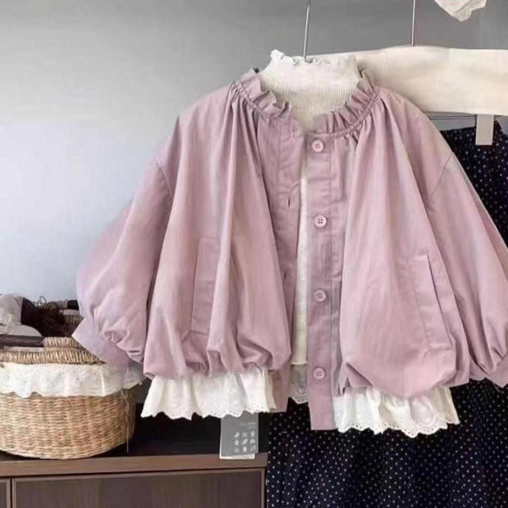 Девичье корейское пальто-бутон с рукавами-фонариками - 2025 Весенне-осенняя детская мода, короткий плащ в стиле мори