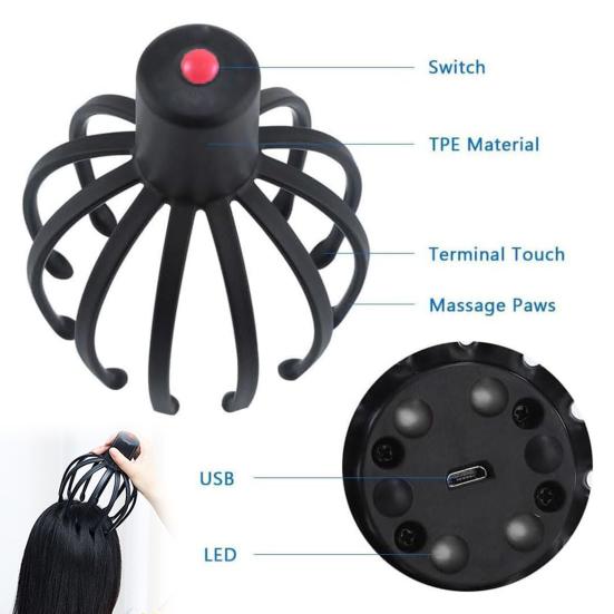 Электрический массажер для головы Octopus, массаж головы, 3 режима вибрации, портативный перезаряжаемый дизайн, массажер для кожи головы, инструмент для массажа