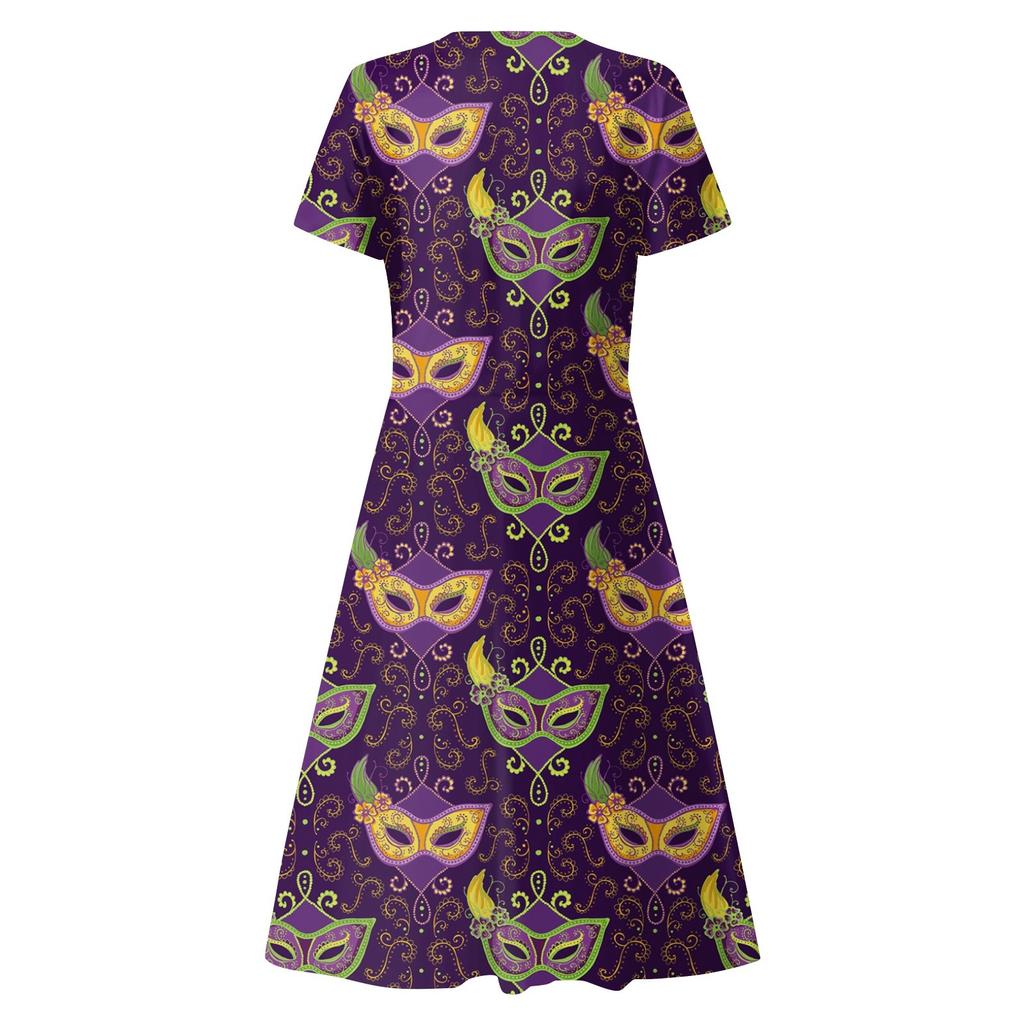 Women's Summer Casual Fashion Print Short Sleeve V-Neck Swing Dress