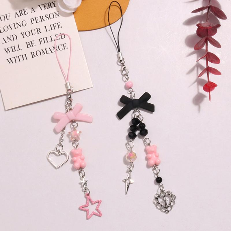Goth Y2K Phone Charm Bow Keychain Pendant Kawaii Key Chain Bag For Girls Women Guitar Strap Lanyard Beaded Keychain Pendant