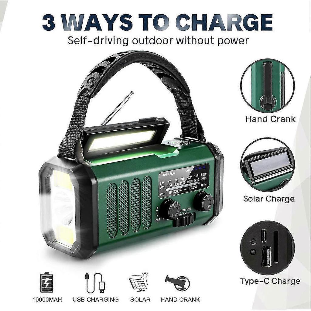 10000mah Crankshaft Radio, Emergency Radio, Solar Radio, Noaa/AM/FM Weather Radio, USB Type-C charge