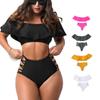 Women Sexy Triangle Split Bikini Suit Set Summer Tie Side Lotus Leaf Edge Swimsuit One Shoulder Elastic Bikini Solid Color