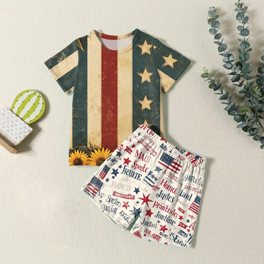 Мода для мальчиков девочек Повседневный комплект ко Дню независимости: футболка с круглым вырезом и короткими рукавами, шорты