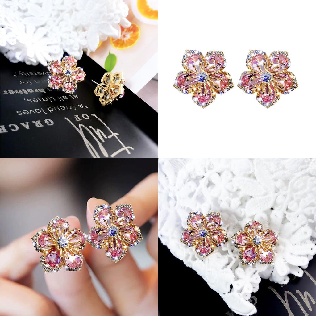 Pink Flower Zircon Ear Pins With Silver Needle For Casual And Formal Occasions