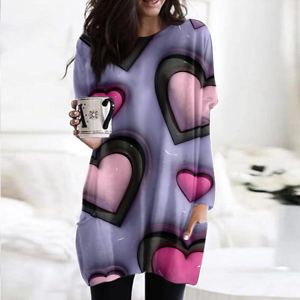 Женский модный повседневный топ с длинным рукавом и круглым вырезом ко Дню святого Валентина с принтом в виде сердца