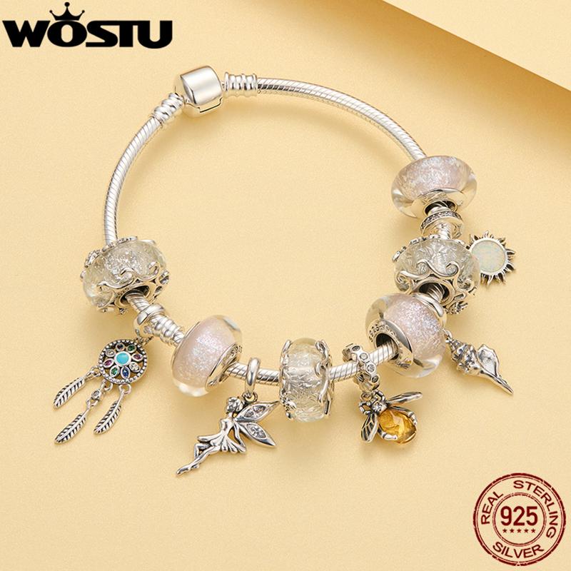 WOSTU Шарм-подвеска из серебра 925 пробы Животное Кот Сердце Семья Божья коровка Пчела Бусины Подходит для оригинального браслета DIY Украшения для женщин