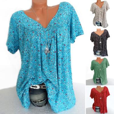 Женская футболка с V-образным вырезом и коротким рукавом с цветочным принтом, свободный крой, дышащий летний пуловер, топы на каждый день