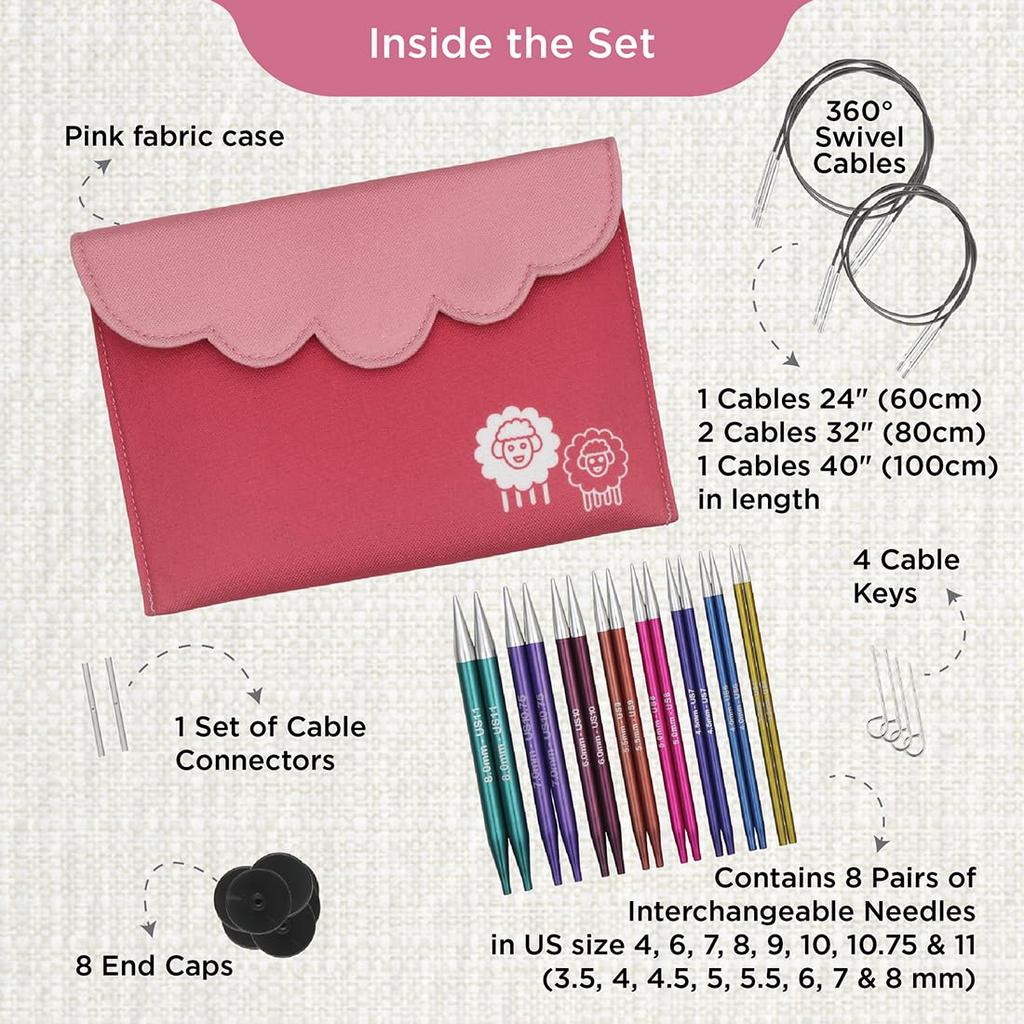 KnitPro Circular Replaceable Knitting Needle Tips Zing Deluxe Set 3.50 4.00 4.50 5.00 5.50 6.00 7.00 8.00, 26-47424, KP47424, Colorful.