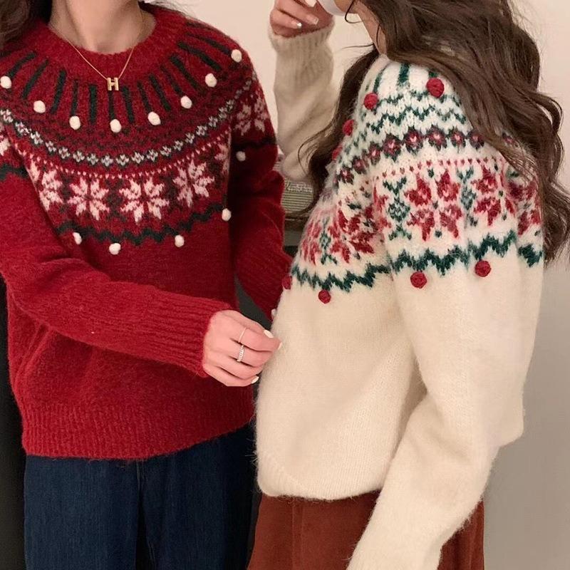 Осень и зима Рождественский ленивый мягкий восковой трикотажный свитер с круглым вырезом ретро жаккардовый красный свитер Fair Isle женский пуловер свободный