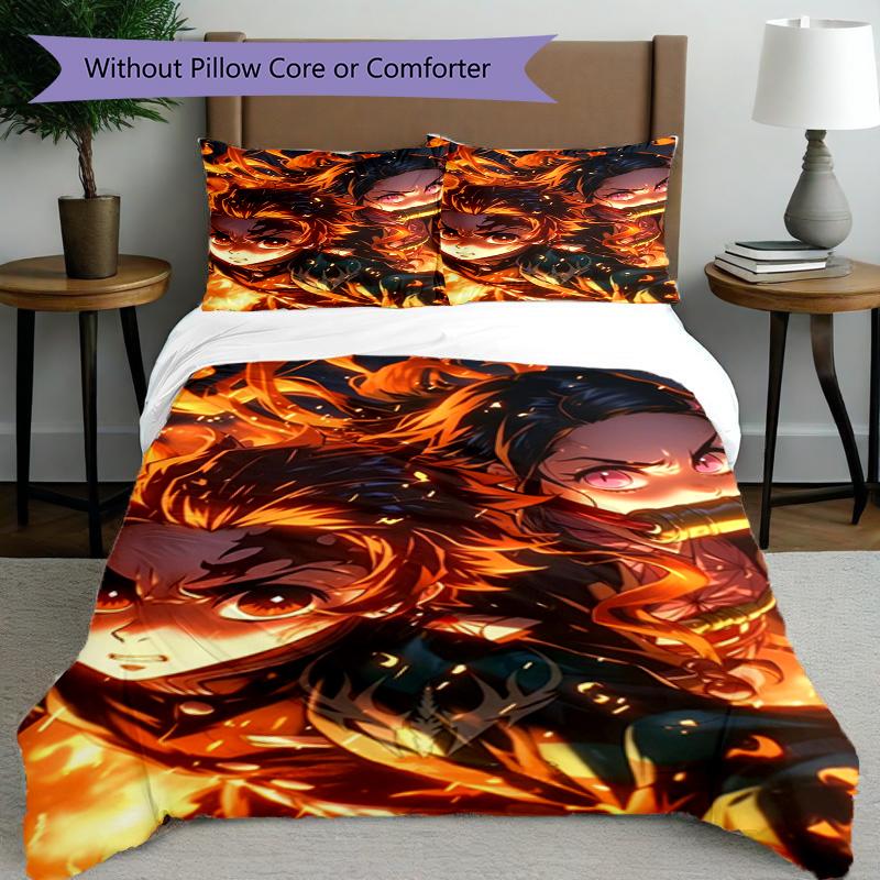 3pcs Duvet Cover Set (1*Duvet Cover + 2*Pillowcase, Without Core), Demon Slayer Print Bedding Set, Bedroom Decor, All‑Season, Birthday Gift