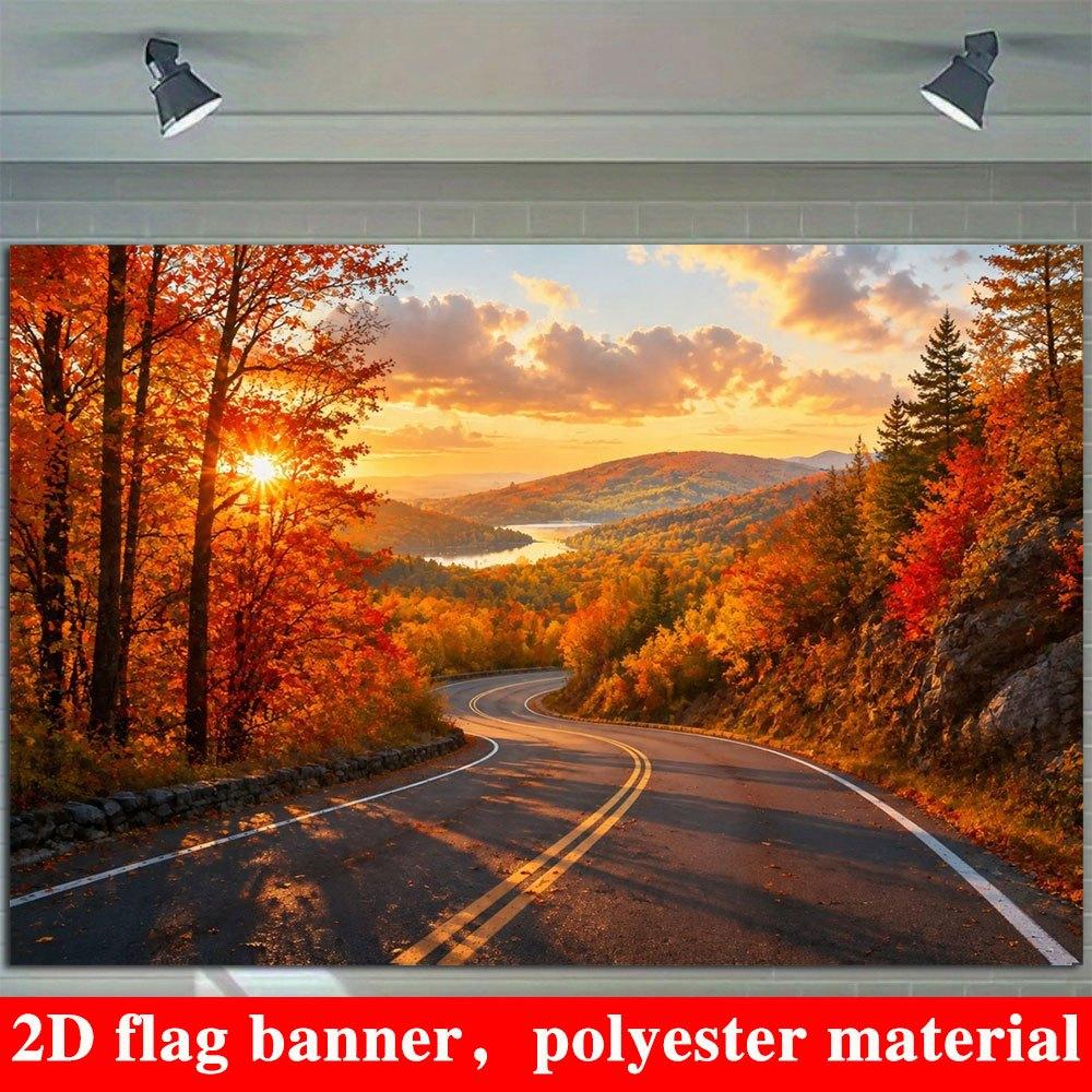 2D Flat Banner, Autumn Forest Lake Mountain Sunset Backdrop, Winding Road, Fall Foliage
