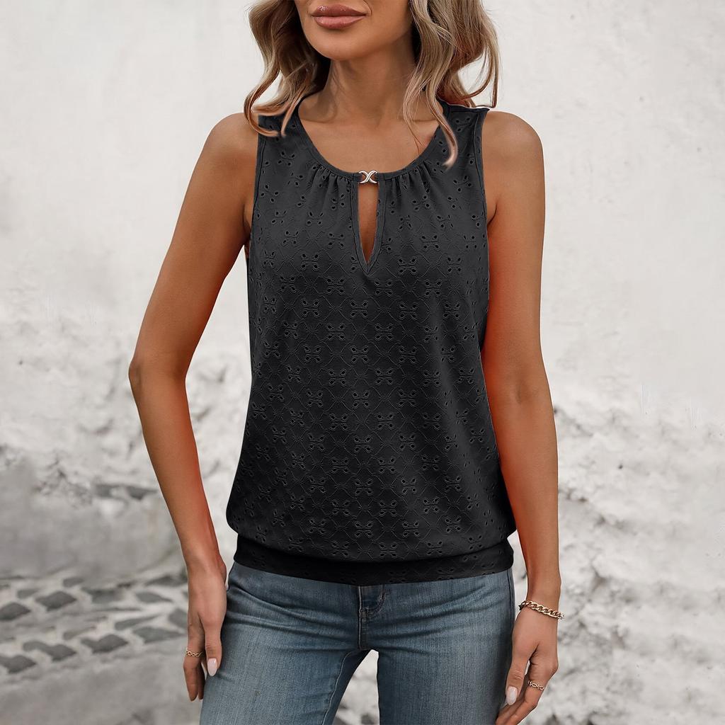 Женская модная однотонная футболка без рукавов с пряжкой и круглым вырезом