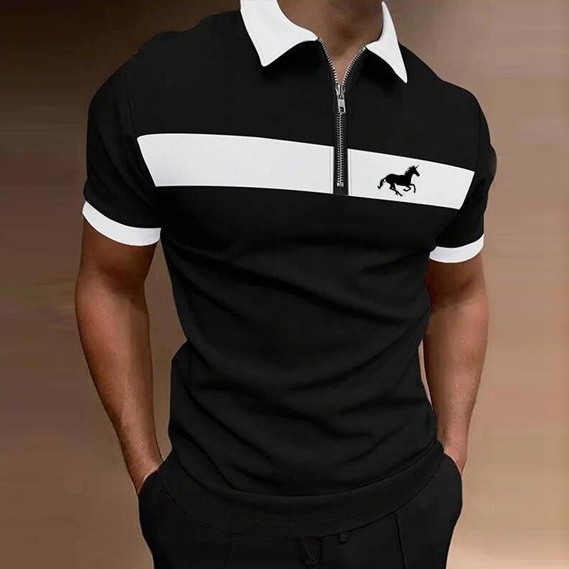 Мужская рубашка-поло на молнии с короткими рукавами, весна-лето, мужская рубашка-поло с лацканами с вышивкой.