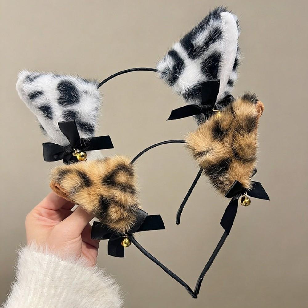 Bow Bell Cosplay Hair Accessories Leopard Print Furry Hair Hoop Gift Cat Ears Headband Women