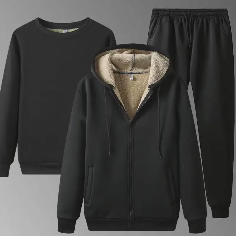Men's Lamb Fleece Sweater Set: Winter Loose-Fit, Plus-Size Hooded Cardigan Jacket with Pants.