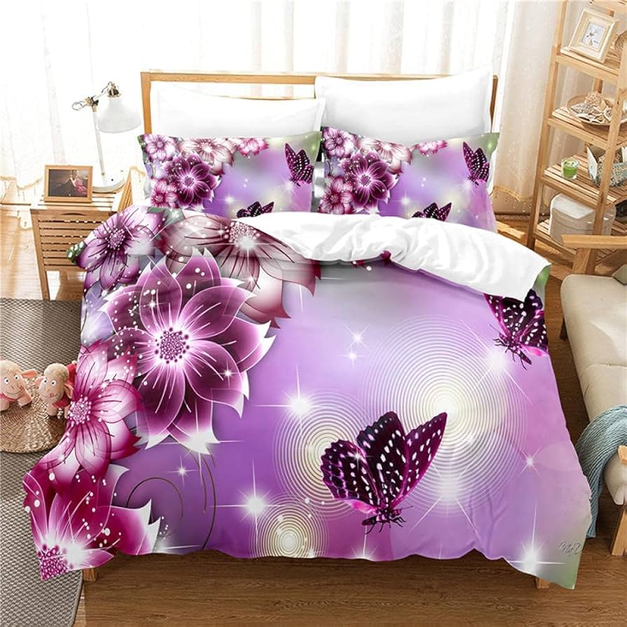 Beautiful Butterfly Duvet Cover Set Twin King Size,Butterfly Floral Print Bedding Set For Girls Women,Boho Style Comforter Cover