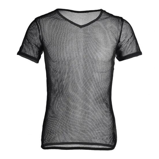 Мужские топы с V-образным вырезом, с коротким рукавом, с полым сетчатым дизайном, футболка однотонная, дышащая, в повседневном стиле, для ежедневной носки