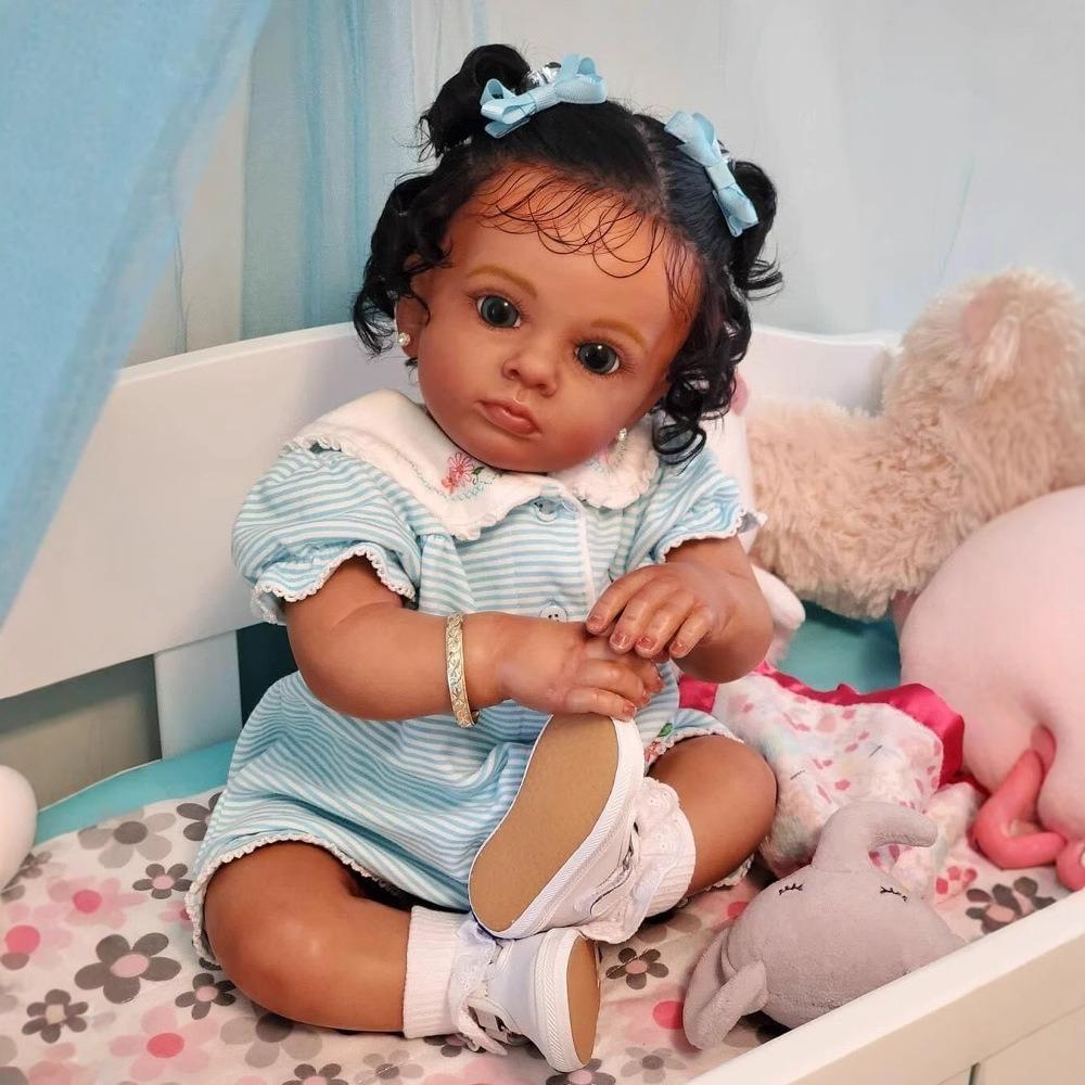 60cm Black Skin Reborn Doll Tutti Handmade 3D High Color Skin with Visible Vein Bloodshot Simulation Baby Doll Implanted Black Curly Hair Newborn Doll