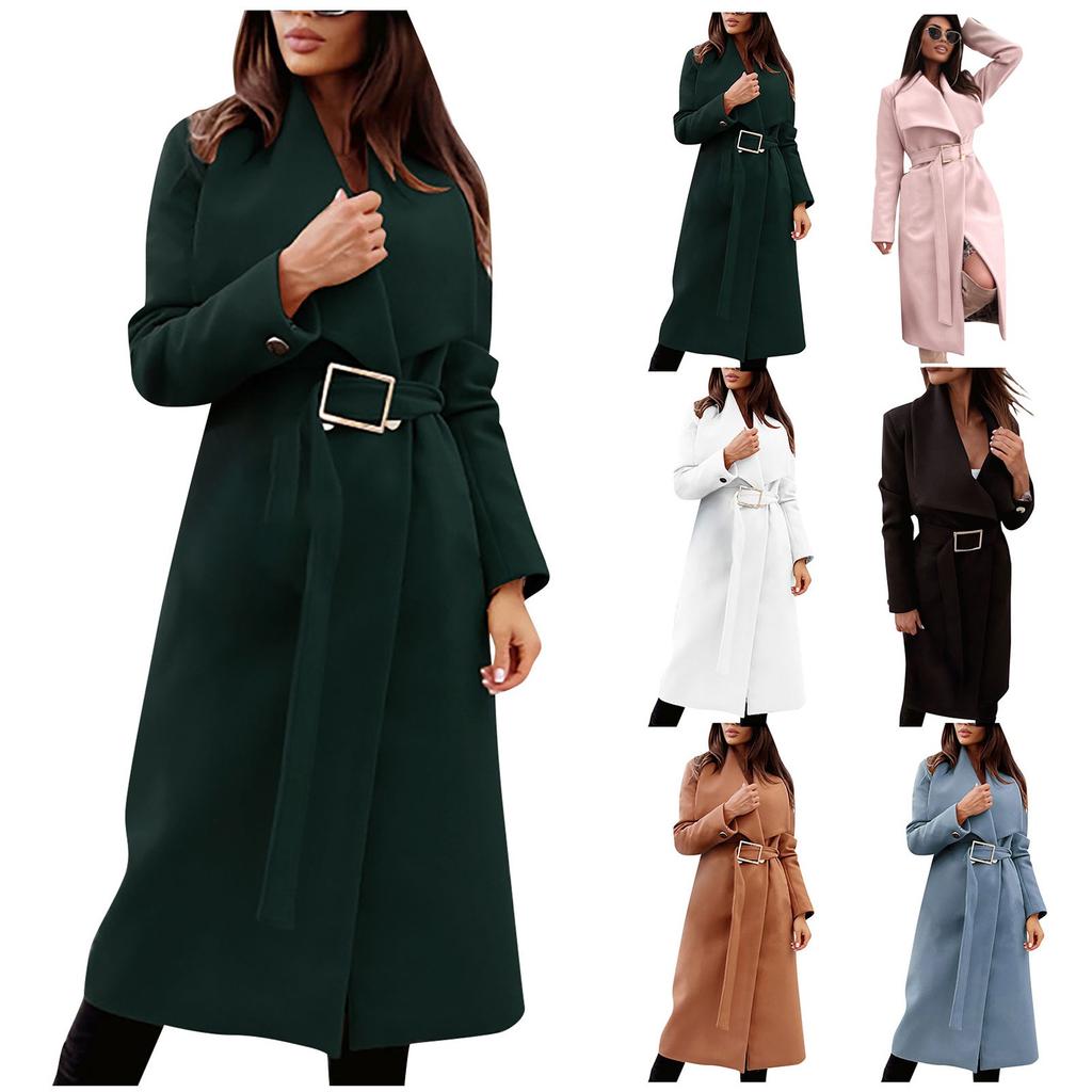 Women's Winter Long Sleeve Lapel Pocket Casual Coat Belt Woolen Coat