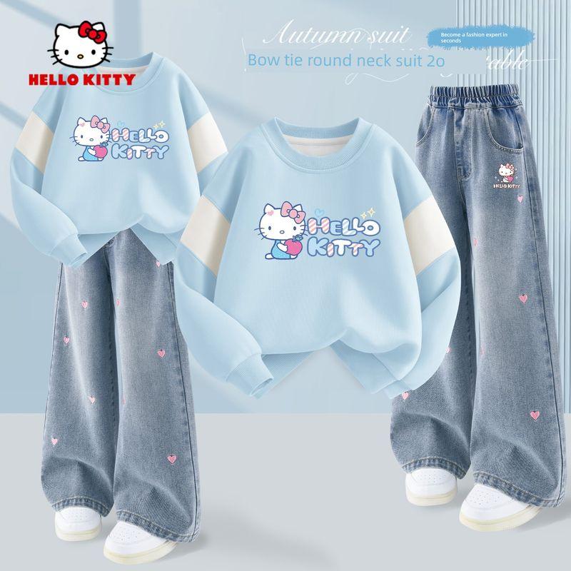 Весенний наряд для девочек Hello Kitty 2026 Новый свитшот и джинсы Детский весенний комплект из двух предметов Тонкий модный стиль