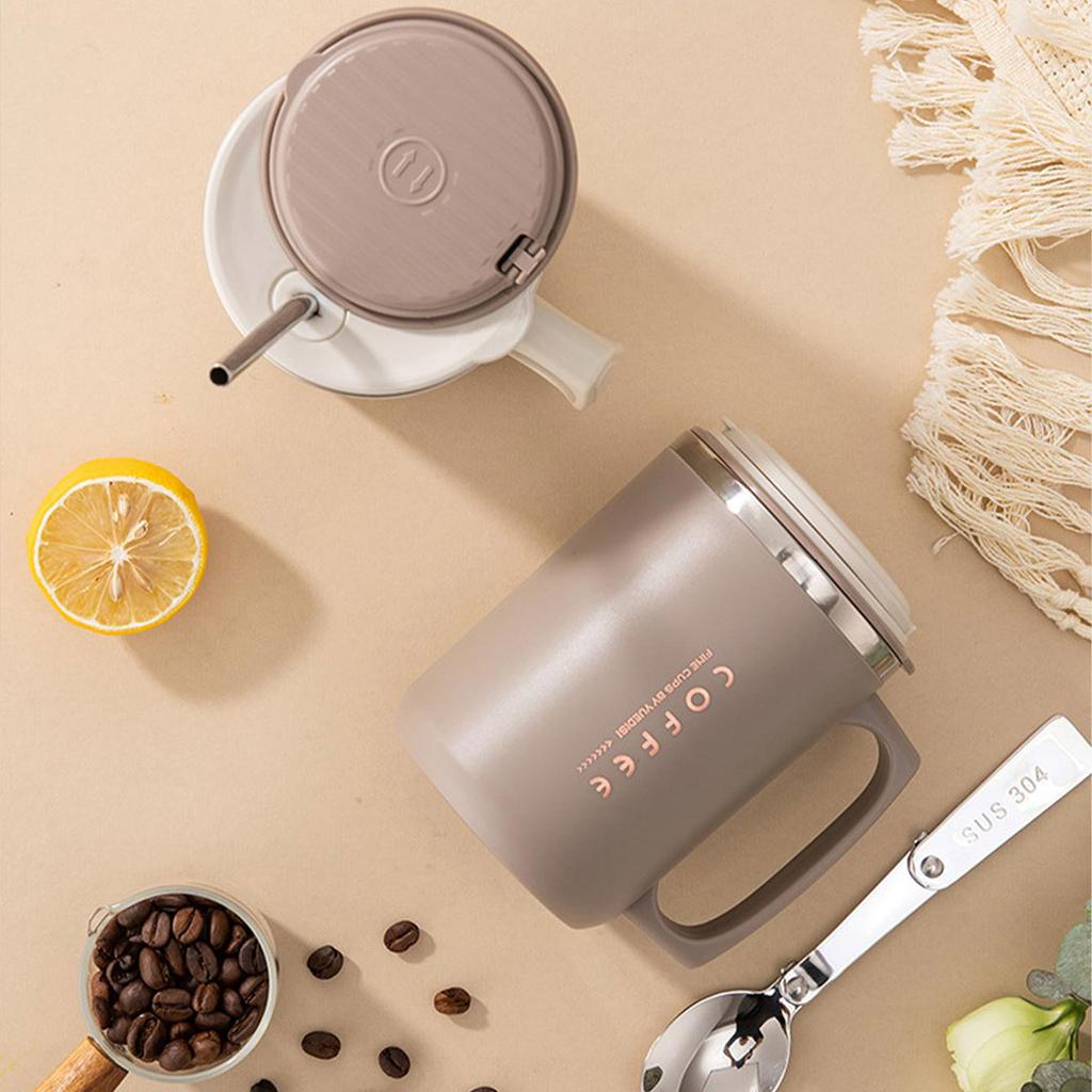 Double-layer Coffee Cup With Spoon&Straw Milk Coffee Mug Portable Insulated Anti Scalding 304 Stainless Steel Water Cup