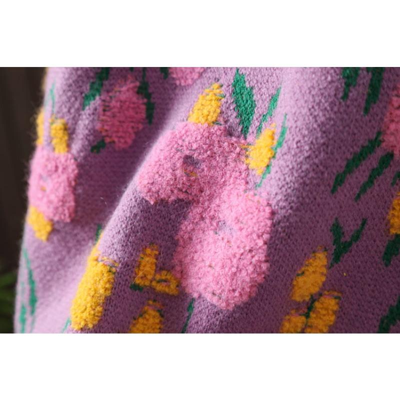 DIMANAF 2025 Цветочные свитера Кардиган Осень Женские с принтом С круглым вырезом Свитера Вязаные Свободные Черный свитер