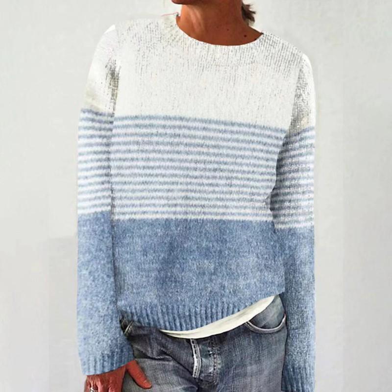 Womens Geometric Color Block Crewneck Sweater Loose Fit Long Sleeve Pullover Knit Top