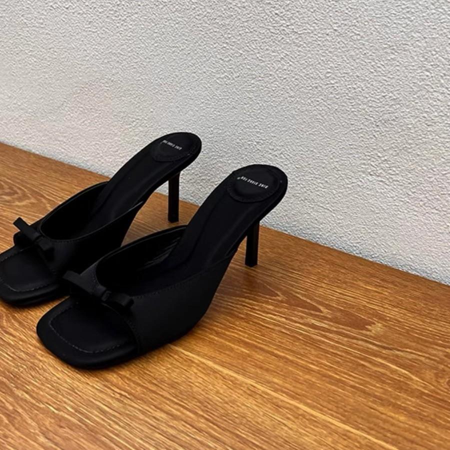 Тапочки женские летние модные черные атласные банты с надписью «рыбий рот» с открытым носком на высоком каблуке классные тапочки женские