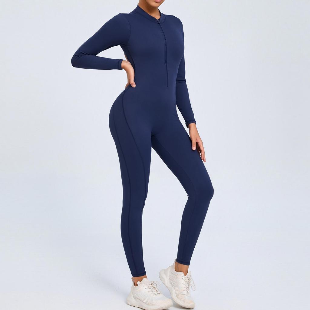 European & American Zipper Long Sleeve Yoga Jumpsuit - Women's Nude Feeling Fitness Bodysuit