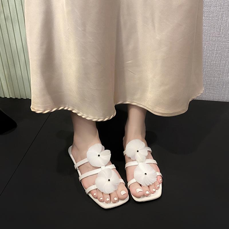 Fashion Aphixta Women Flat With Slides White Flower Dec Woman Slippers Summer Beach Square Toe Casual Shoes Woman 2025 Trend Shoes