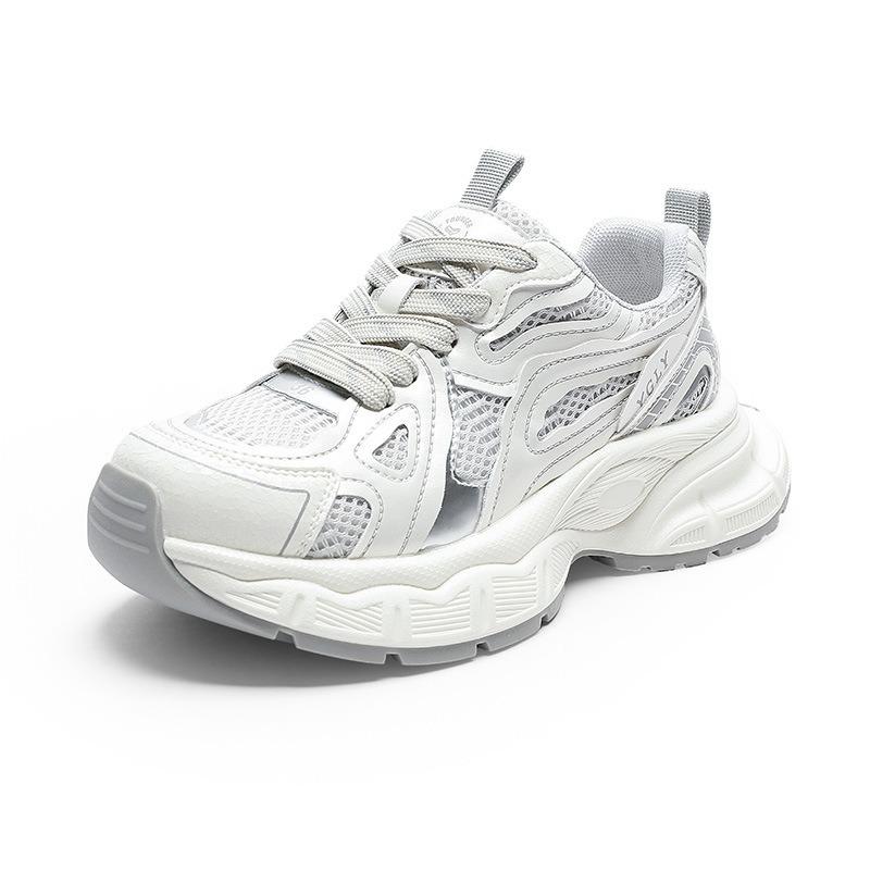 Simple and Fashionable Dad Shoes Women's Spring New Leather Mesh Splicing Breathable Lightweight Platform Sports Shoes