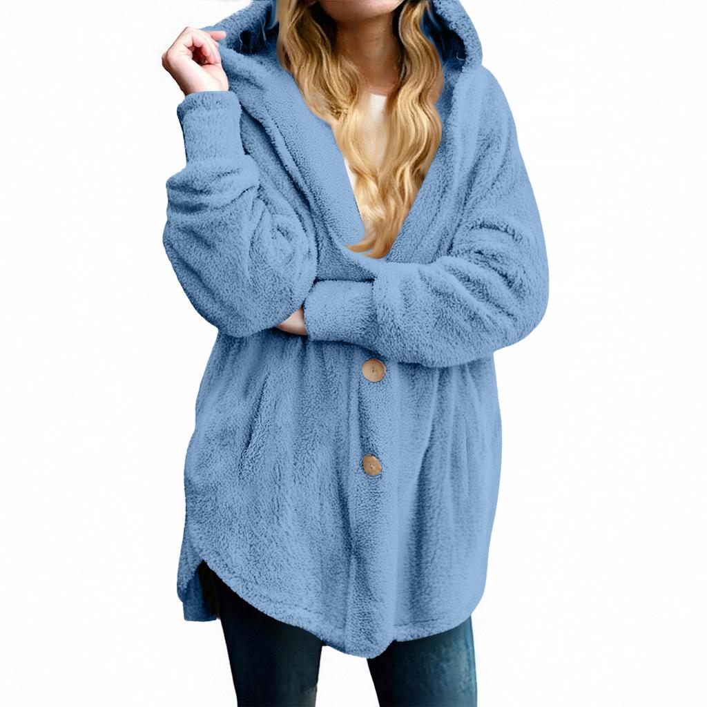 Women's Fashion Solid Color Pocket Button Hooded Plush Coat