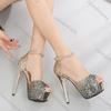 Fashion Comemore Summer Women Peep Toe Sandals Gradient Color Platform Bling Sequin High Heels 14CM Stiletto Nightclub Pole Dancing Shoe
