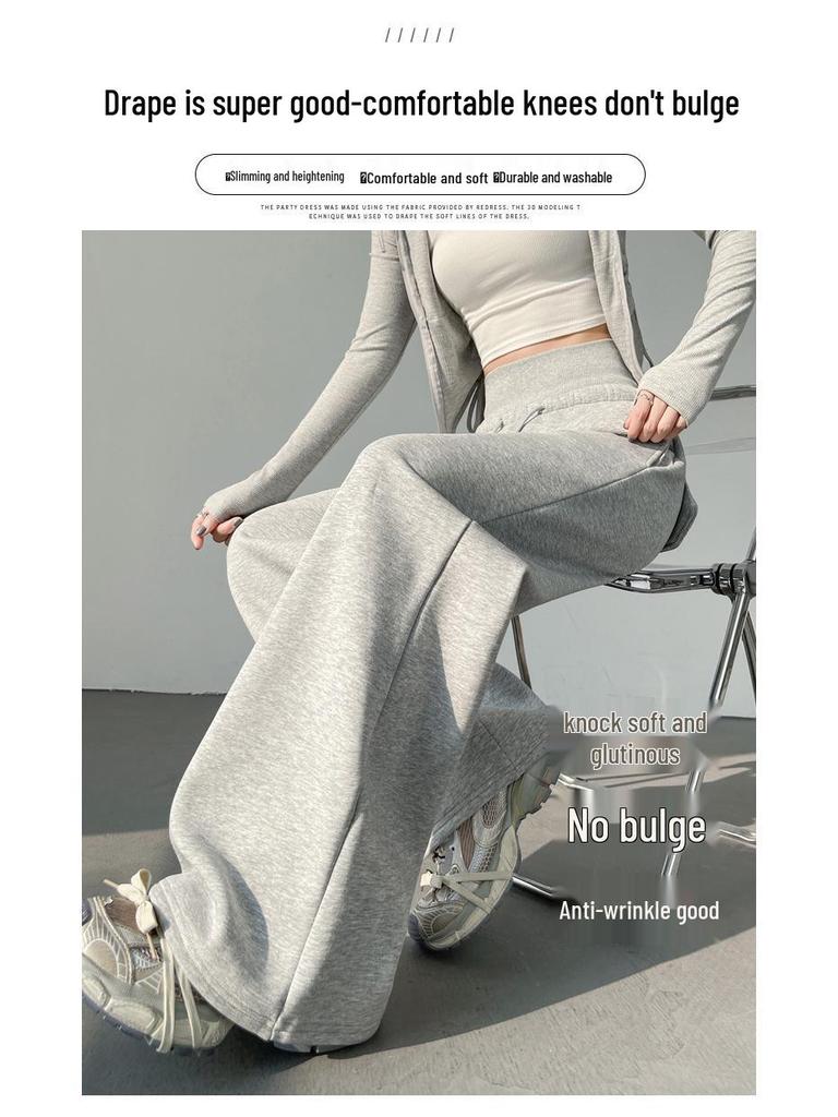 Женские серые широкие спортивные штаны в американском стиле: Весенняя коллекция 2025 года, Свободные повседневные прямые брюки с высокой посадкой, Длина в пол.