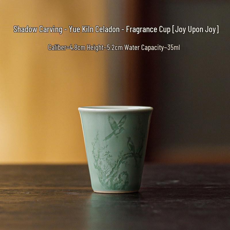 Guanlan Yue Celadon Shadow Carved Zodiac Tea Cup - High-Grade Ceramic Masterpiece for Aroma and Tea Tasting