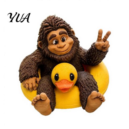 Funny Sasquatch Figurine And Duck Figurine, on Swimming Ring Statue, Small Collectible Ornament Animal Statue for Home Tabletop Shelf Decor Resin