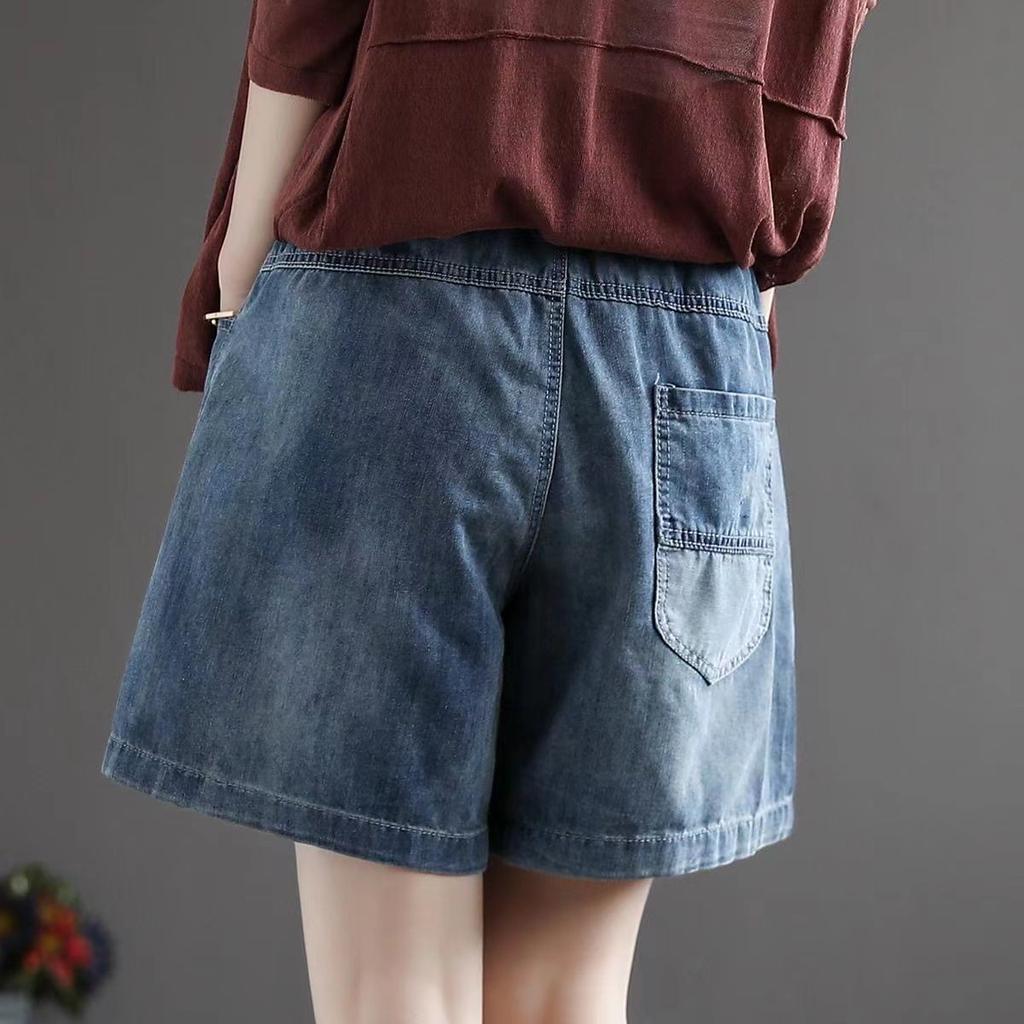 Женские джинсовые шорты Летний тонкий стиль Большой размер Свободные С высокой посадкой Вышитые Широкие штанины Повседневные