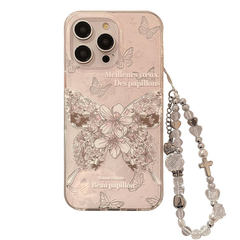 Double-layer Dreamy Rose Butterfly Iphone15 Hanging Chain 13promax Suitable for 16 Apple 14 Mobile Phone Case 11 Fairy