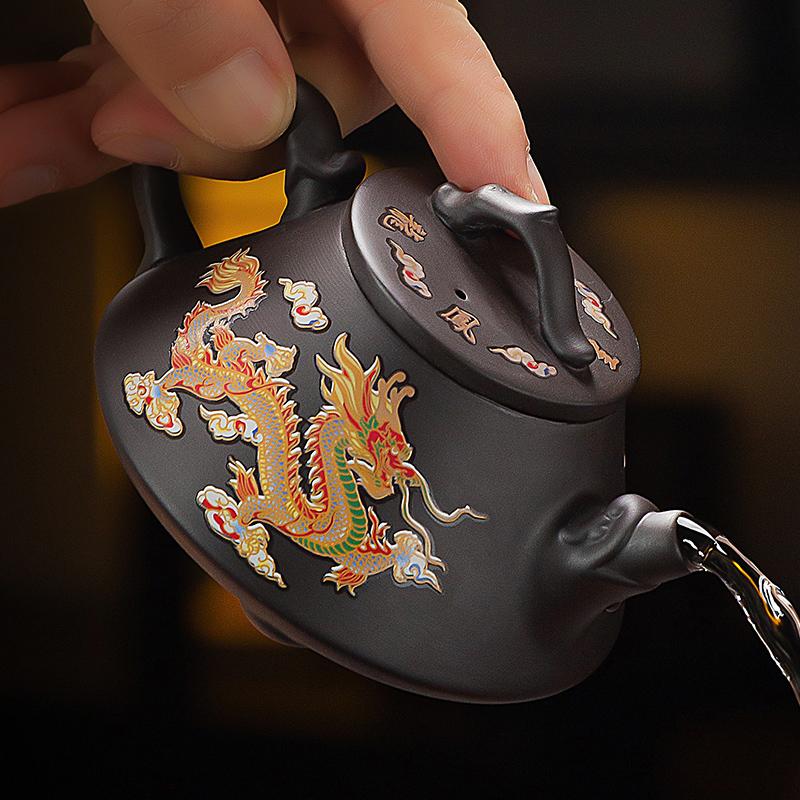 Исинский фиолетовый глиняный горшок, домашний китайский чайный сервиз с драконом и фениксом, меняющий цвет при нагревании