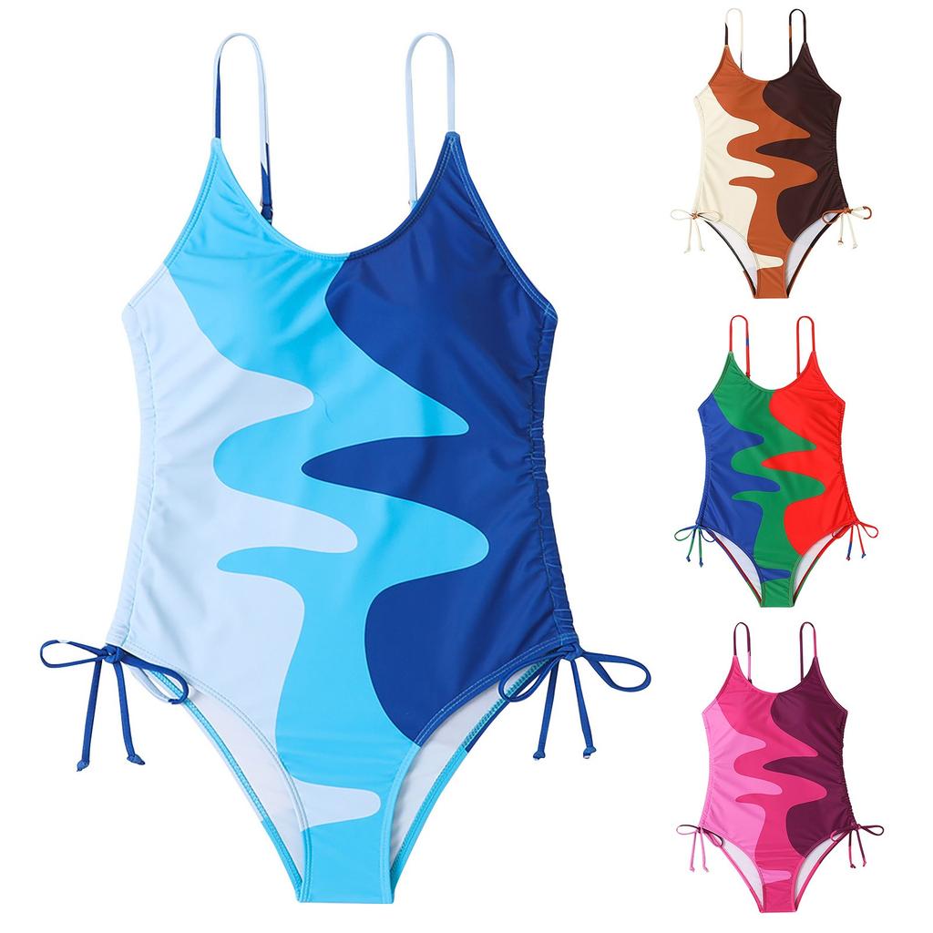 Женский цельный купальник, разноцветный лоскутный гофрированный купальник на шнурке