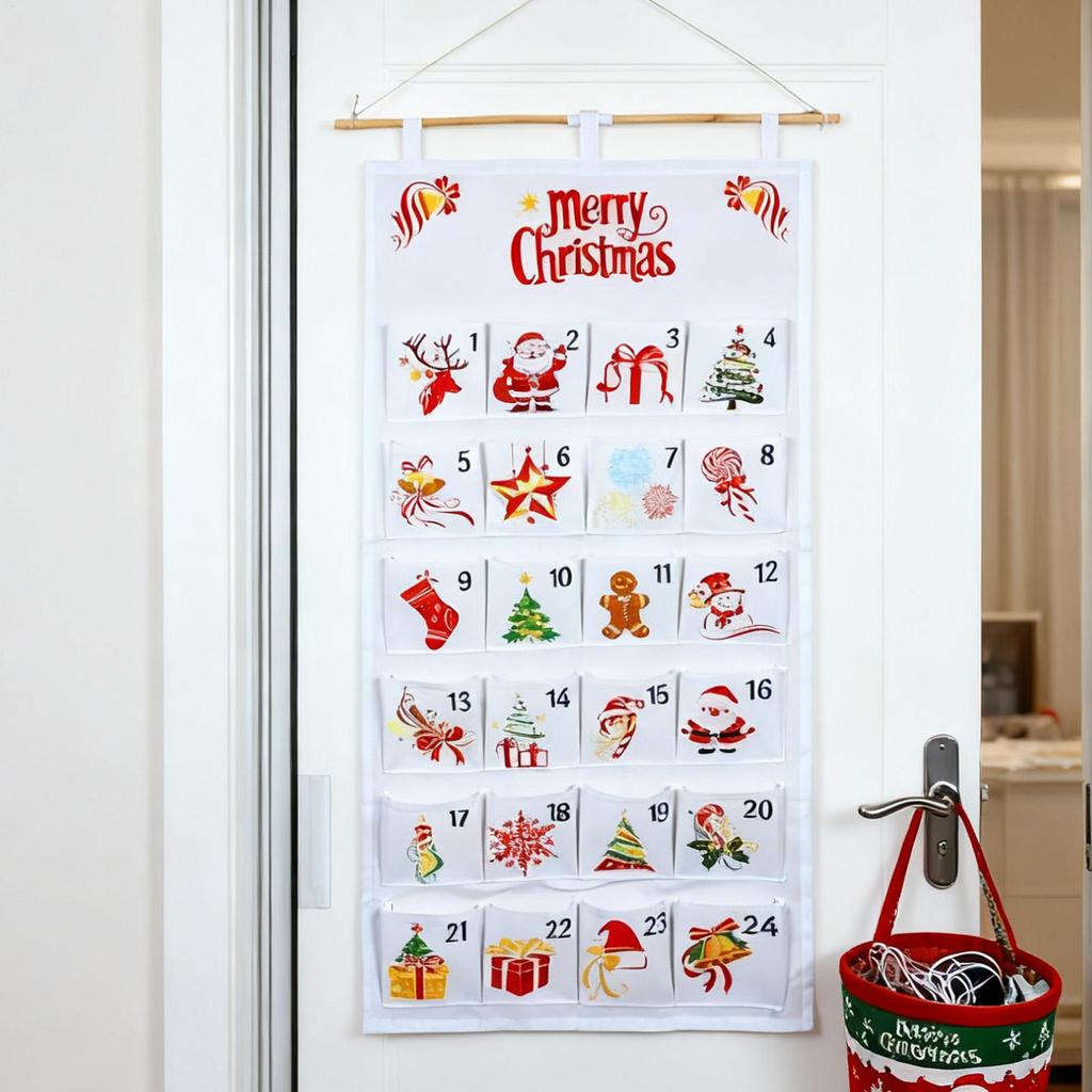 Fabric Christmas Advent Calendar Christmas Countdown Calendar Reusable Wall Hanging Ornaments with 24 Pockets Party Supplies