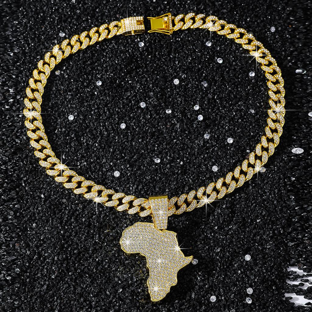 Iced Out Africa Map Pendant Necklace Alloy Gold Plated Rhinestone Cuban Link Chain Hip Hop African Heritage Street Charm Jewelry