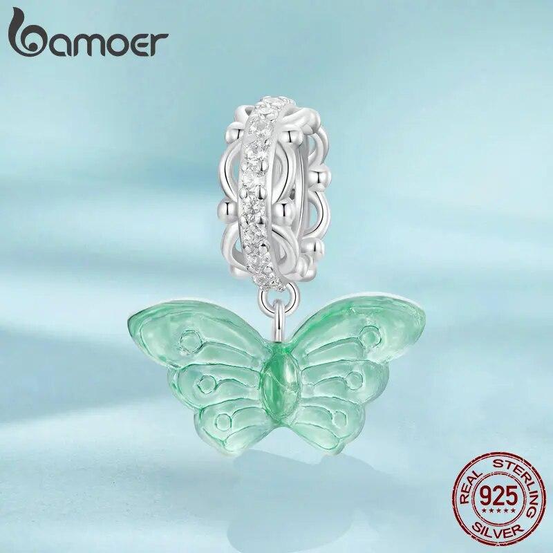 Bamoer 925 Sterling Silver Romantic Mint Green Butterfly Pendant Charms for Women Bracelet & Necklace DIY Fine Jewelry Gift