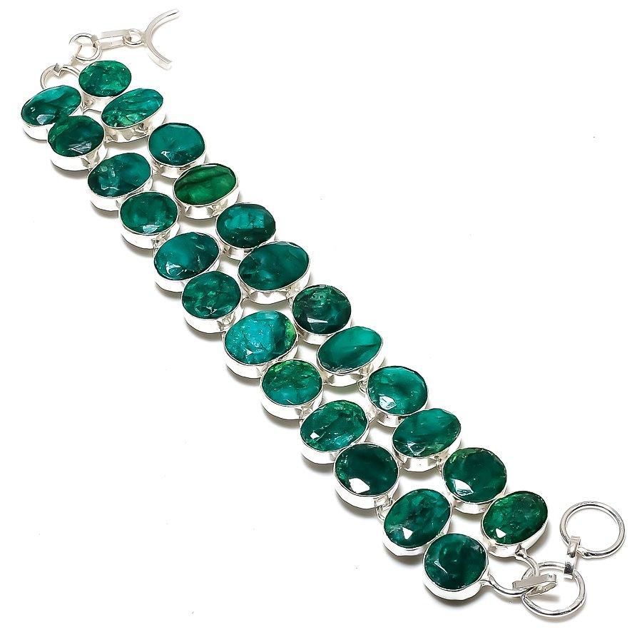 Emerald(Simulated) Ethnic 925 Sterling Silver Bracelet 7-8" F4D60