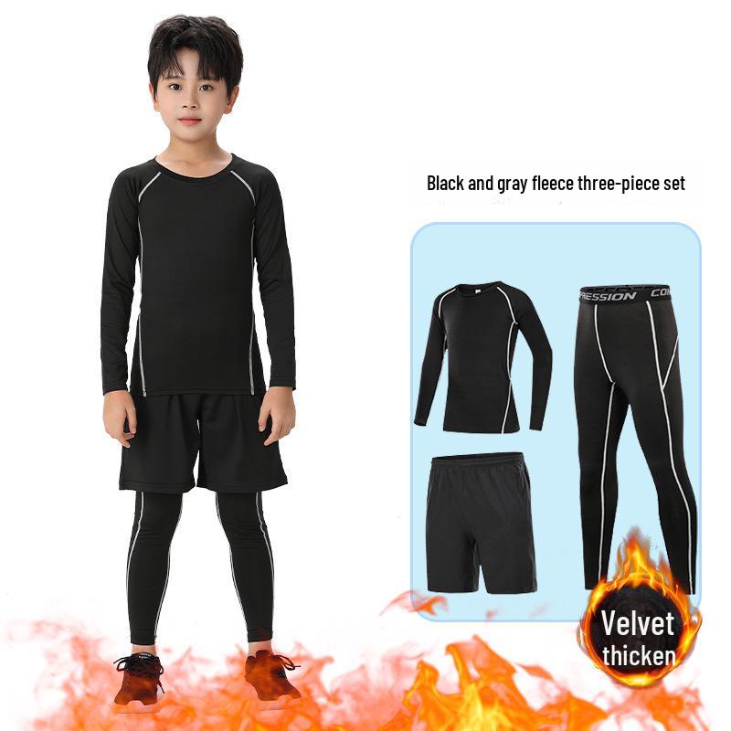 Плюшевые детские баскетбольные и футбольные быстросохнущие тренировочные костюмы для мальчиков - осенне-зимние спортивные тайтсы и базовые топы