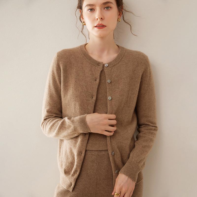 Women's Medium-Thick Cashmere Round Neck Single-Breasted Cardigan Sweater - Spring/Autumn