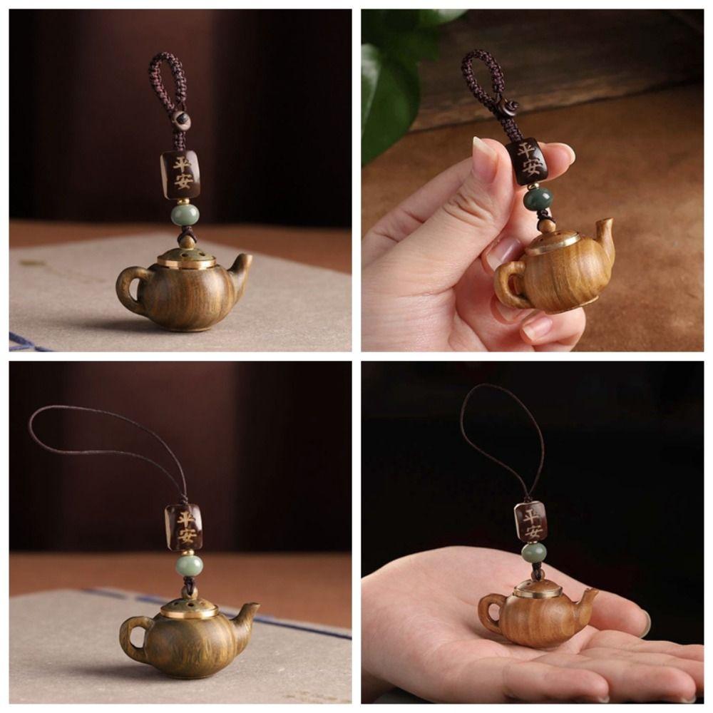 Waterproof Little Teapot Keychain Mini Green Sandalwood Phone Chain Carved Teapot Pendant  Car Key