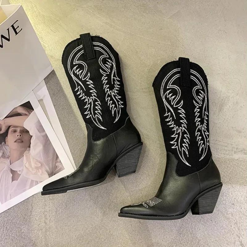 Модные женские туфли с острым носком на квадратном каблуке, ковбойские сапоги в стиле вестерн, новые ботильоны, гладиаторские туфли, зимние новые туфли для ходьбы, туфли-лодочки Mujer Zapatos