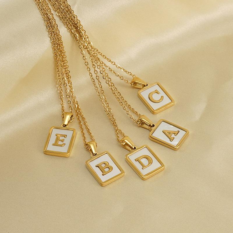 Name Letter Shell Pendant Necklaces White Square Initials Stainless Steel Necklace Gold Color Chain Jewelry for Women